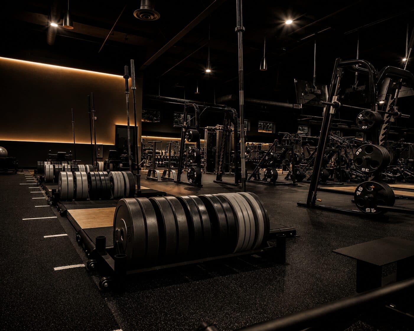 Stacks of bumper plates on rollers in the foreground of the Sanctuary Fitness strength floor, with racks and benches behind.
