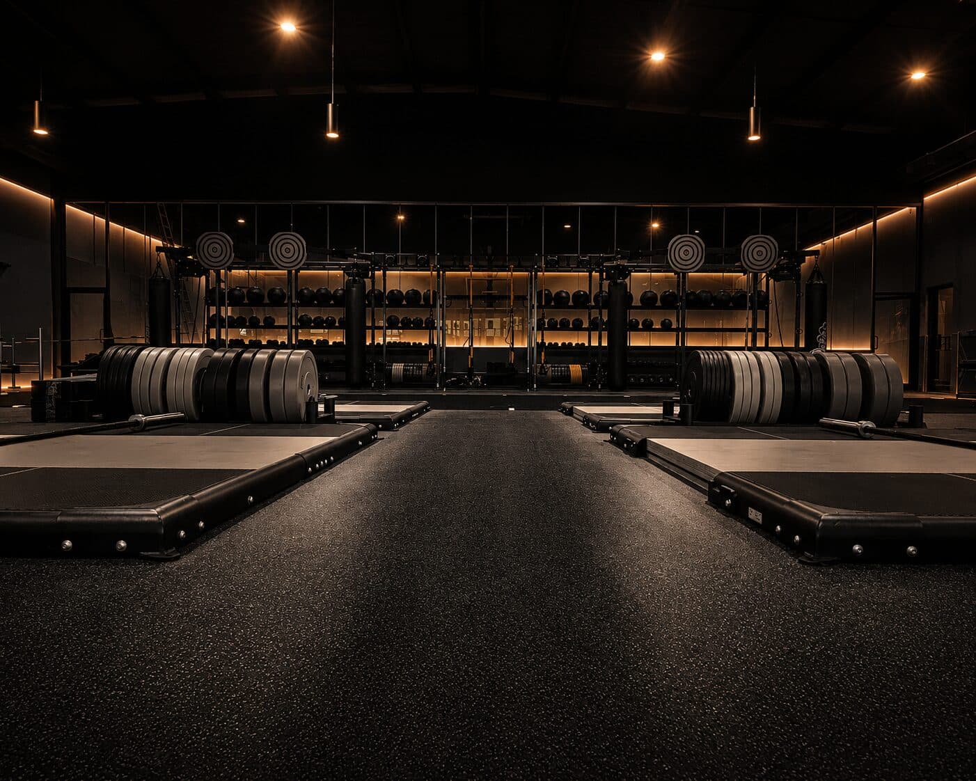 Symmetrical view down the center of the Sanctuary Fitness strength floor, with wood lifting platforms on each side and warm-lit storage at the far wall.